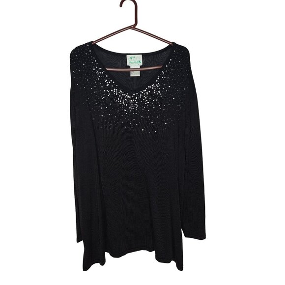 Vintage Quacker Factory Black V-Neck Long Sleeve Top Embellished Rhinestones 3X - Picture 1 of 7